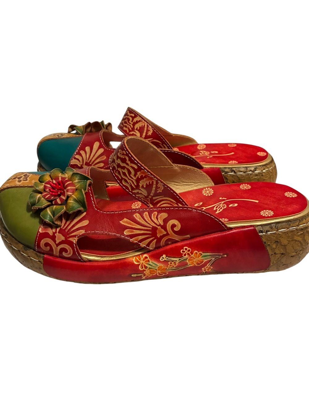 Colorblock Floral Leather Clogs in Red, Teal, Mustard & Green - Picture 2 of 6